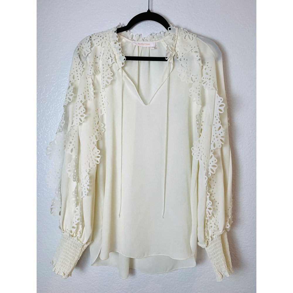 See By Chloe Blouse Womens US Size 10 Cream Eyelet Lace Boho Romantic Ruffle Top